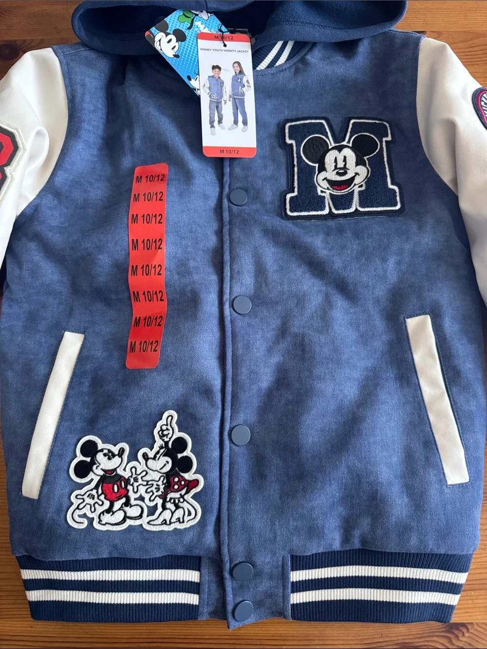 Disney Navy & White Mickey Youth Varsity Hooded Jacket with Embroidery Patches